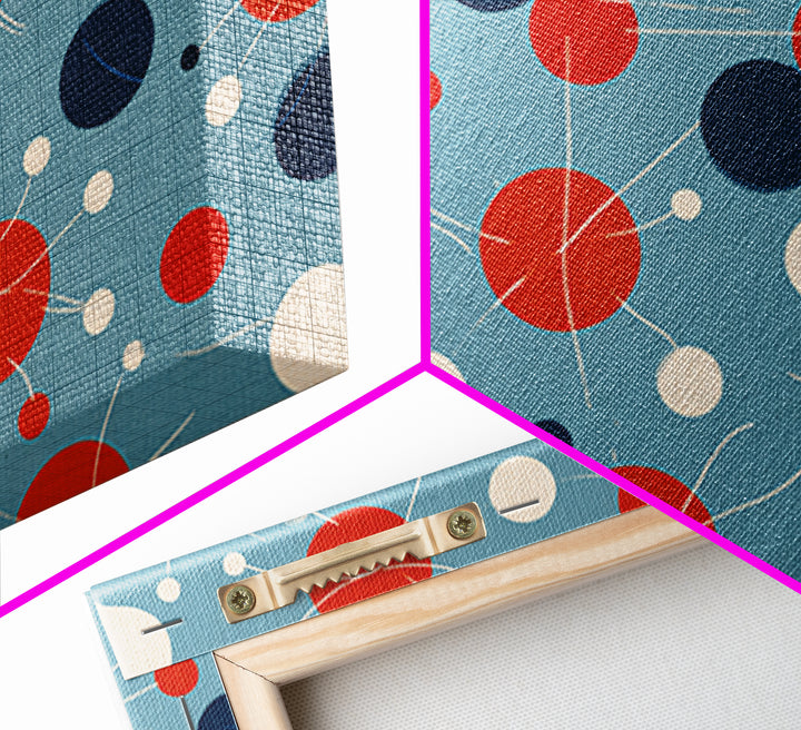 Blue Red Atomic Circles Wall Art, Midcentury Modern Art Print, Retro Space Age Pattern, MCM Living Room Canvas Print Decor