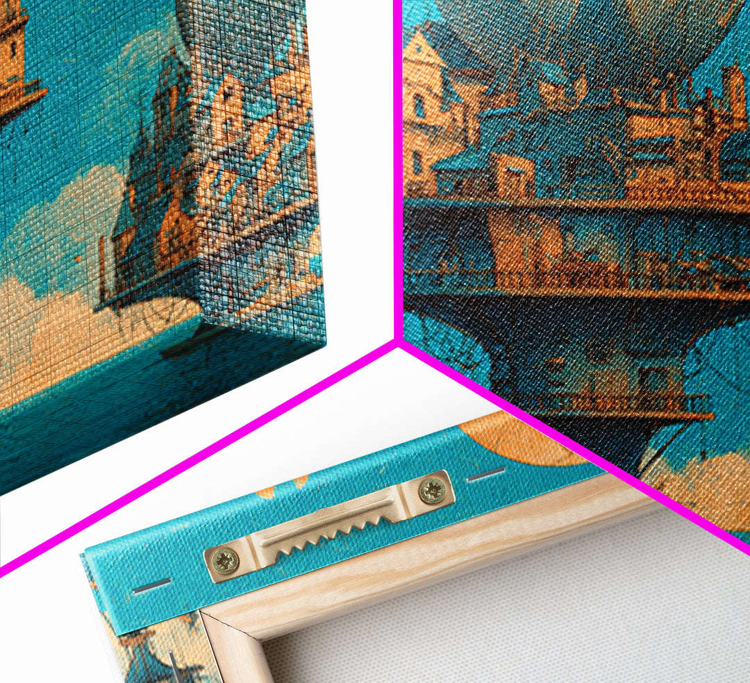 Floating Nuclear City Wall Art, Retro Sci Fi Poster, Industrial Dystopian Decor, Teal Orange Canvas Print, Statement Art