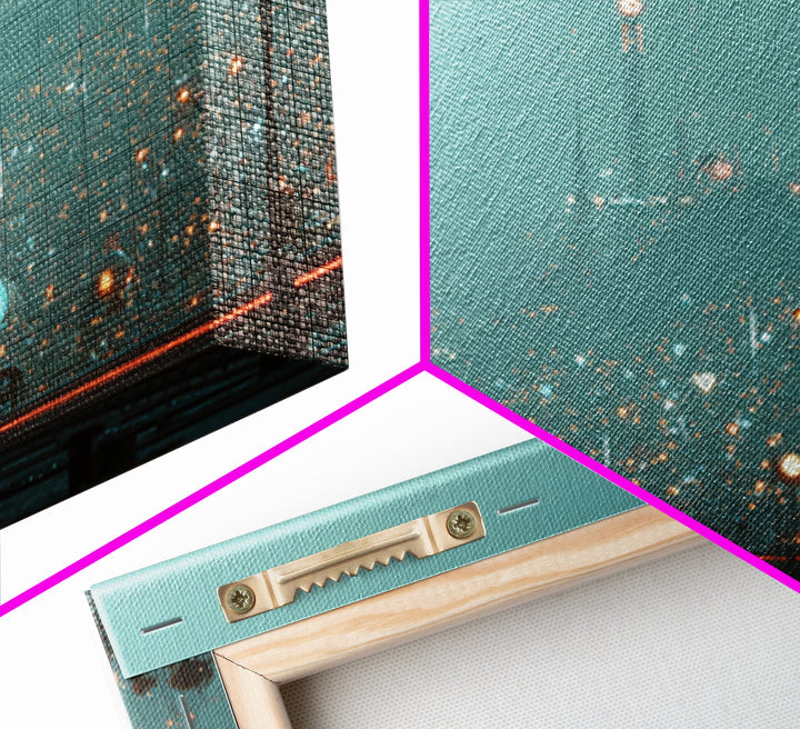 Foggy Futuristic Teal City Towers Wall Art, Midcentury Modern Sci Fi Skyline, Retro Urban Poster, MCM Office Decor, Modern Wall Decor