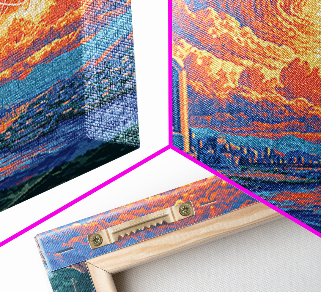 Atomic Sunset Futuristic City Canvas Print, Midcentury Modern Wall Art, Retro Sci Fi Skyline Poster, Colorful MCM Decor