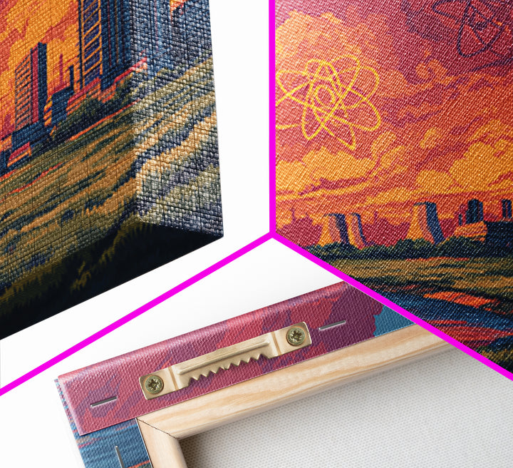 Red Cloud Atomic Waterfront Skyline Wall Art, Midcentury Modern Canvas Print, Retro Sci Fi Sunset Poster, Colorful Home Decor