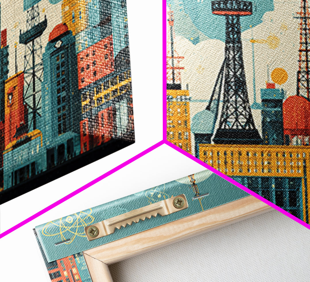 Retro Radio Tower City Collage Wall Art, Midcentury Modern Print, Atomic Skyline Poster, Geometric Urban Home Decor, MCM Office Decor