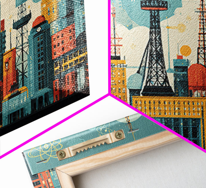 Retro Radio Tower City Collage Wall Art, Midcentury Modern Print, Atomic Skyline Poster, Geometric Urban Home Decor, MCM Office Decor