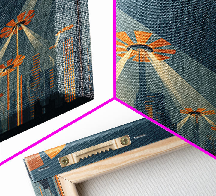UFO Searchlight Future City Wall Art, Midcentury Modern Sci Fi Poster, Retro Space Needle Skyline, Orange MCM Decor, Modern Wall Decor