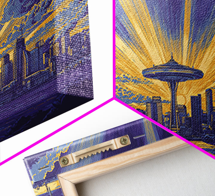 Seattle Space Needle Sunburst Wall Art, Midcentury Modern Canvas Print, Retro Skyline Poster, Purple Yellow MCM Home Decor
