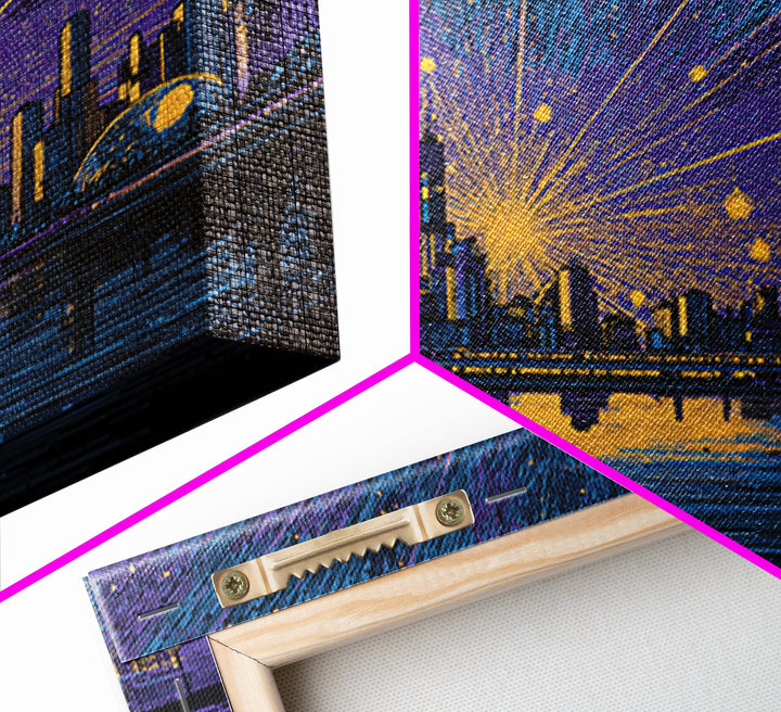 Futuristic Skyline Meteor Shower Wall Art, Midcentury Modern Sci Fi City Poster, Blue Gold Urban Decor, MCM Office Print