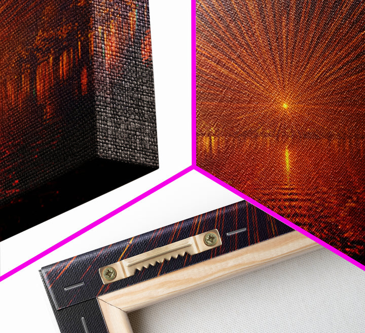 Orange Laser Sunset Over Water Wall Art, Modern Abstract Sci Fi Landscape, Retro Futuristic Poster, Large MCM Office Decor