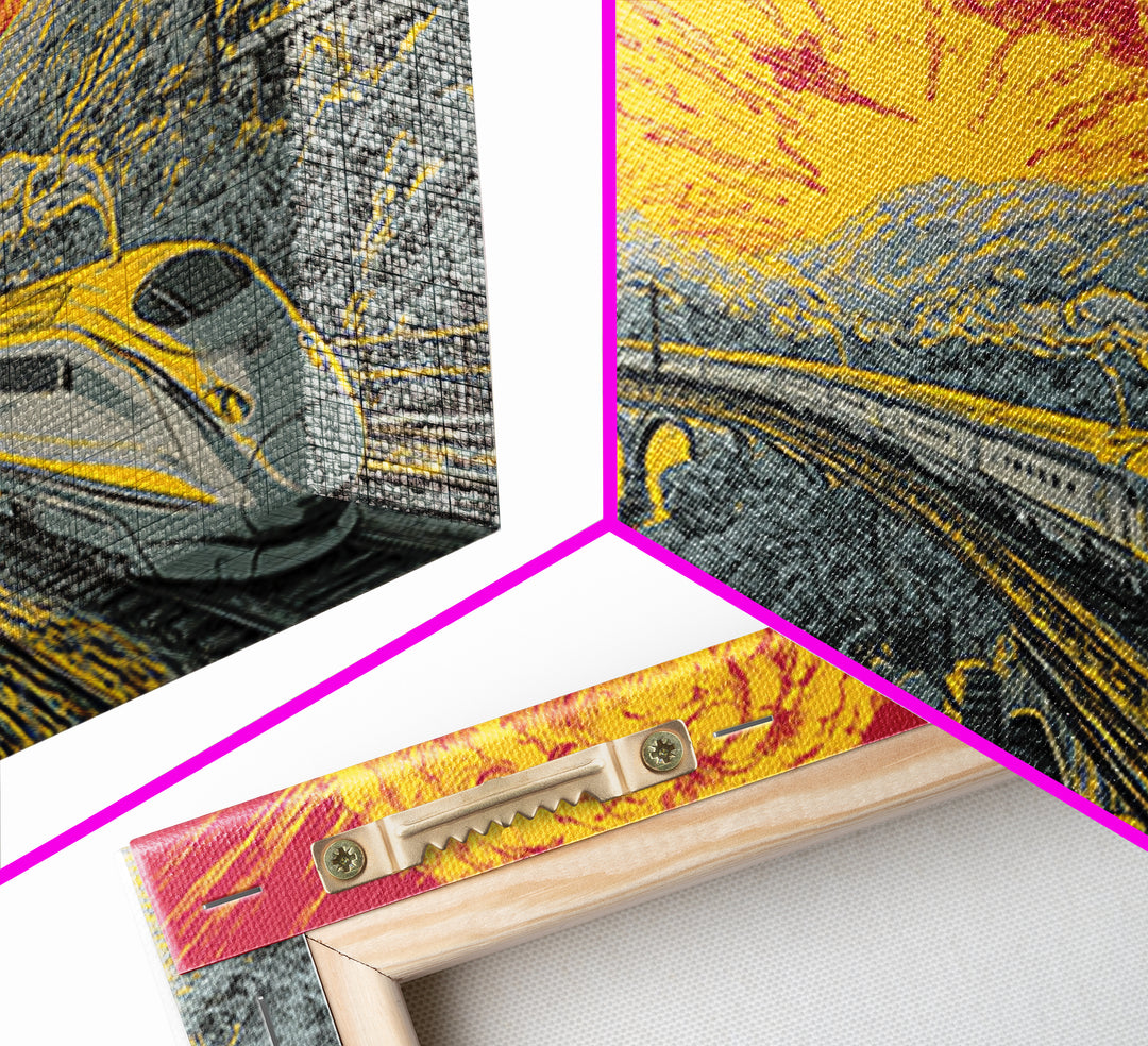 Nuclear Bullet Train Landscape Canvas Print, Apocalyptic Retro Poster, Sci Fi Wall Decor, Dramatic Yellow Art, Modern Wall Art