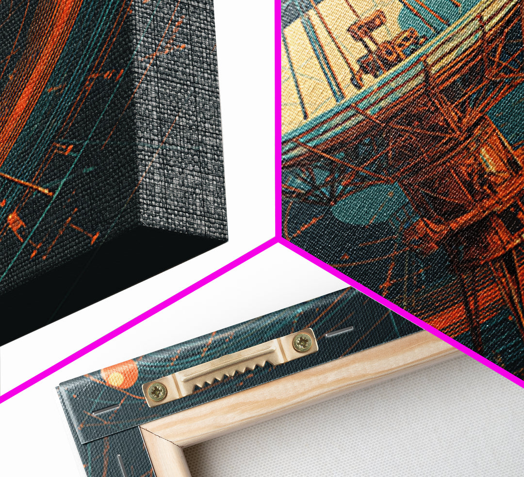 Deep Space Radio Telescope Canvas Print, Teal Orange Retro Futurism Poster, Orbital Lines Art, Midcentury Modern Wall Decor
