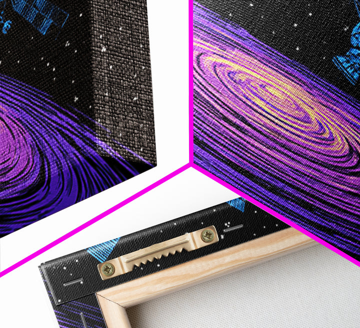 Purple Galaxy Satellite Canvas Print, Retro Sci Fi Space Poster, Cosmic Abstract Art, Blue Black Wall Decor, Modern Art Print