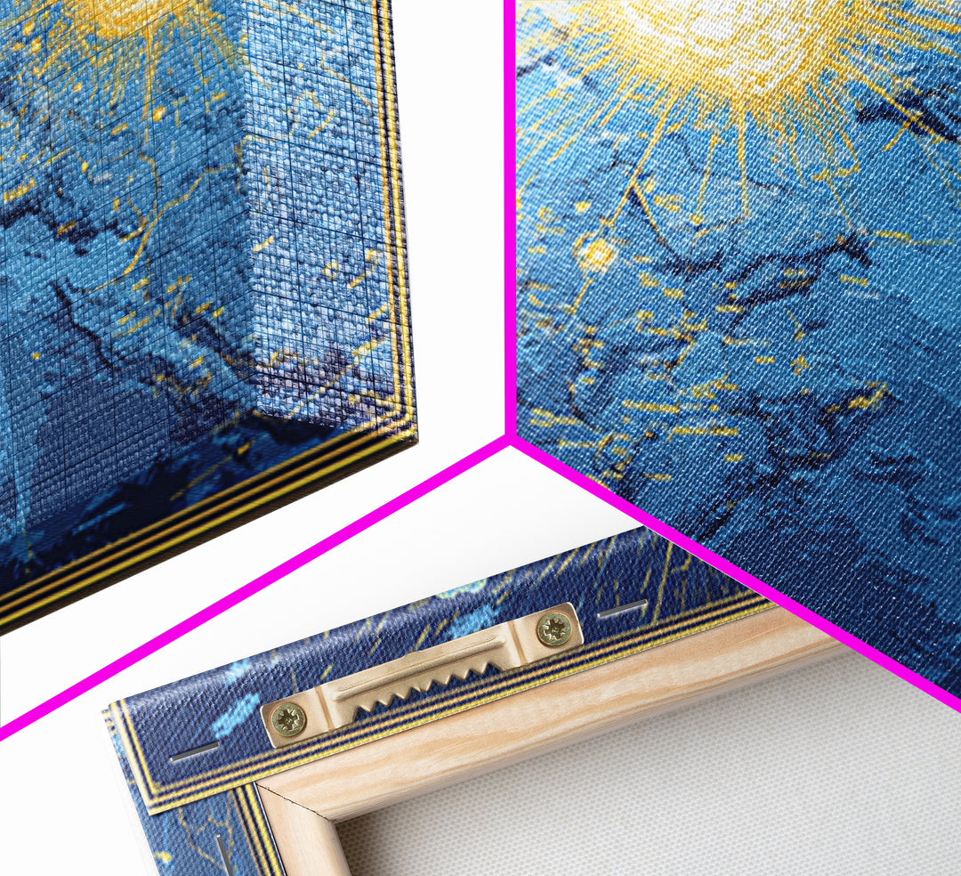 Illuminated Blue Earth Map With Three Suns Wall Art, Celestial Modern Artwork, Space Poster Decor, Global Framed Canvas Print