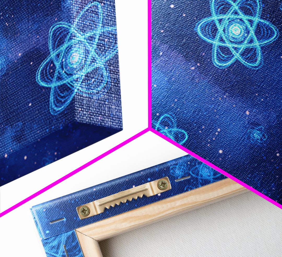 Blue Neon Atoms In Starry Nebula Canvas Print, Science Wall Art, Cosmic Retro Art, Modern Digital Art, Space Poster Decor