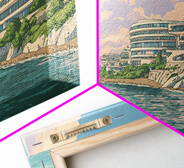 Pastel Coastal Modernist Apartments Canvas Print, Seaside Wall Art, Contemporary Print, Neutral Blue Home Decor, Ocean View Poster