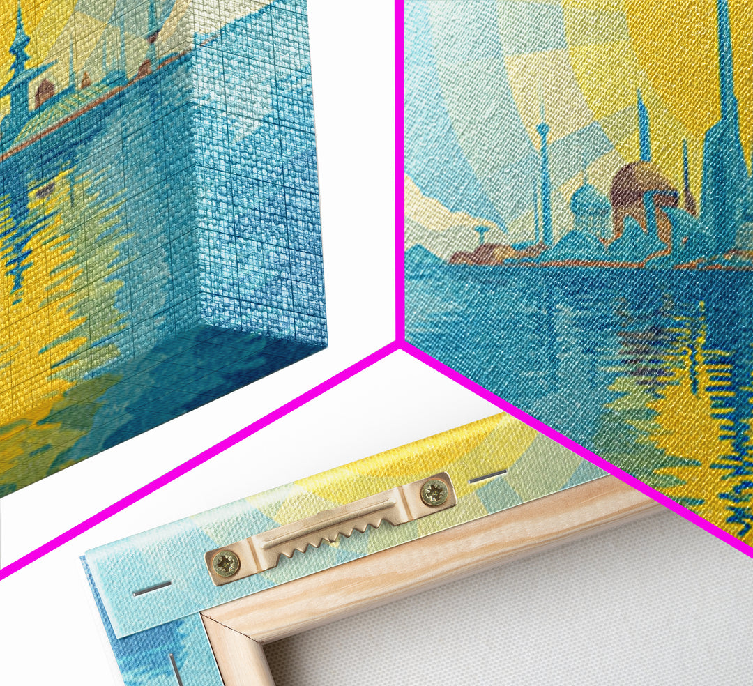 Radiant Sun Over Future Island Skyline Canvas Print, Retro Futuristic Wall Art, Blue Travel Poster, Modern Coastal Decor