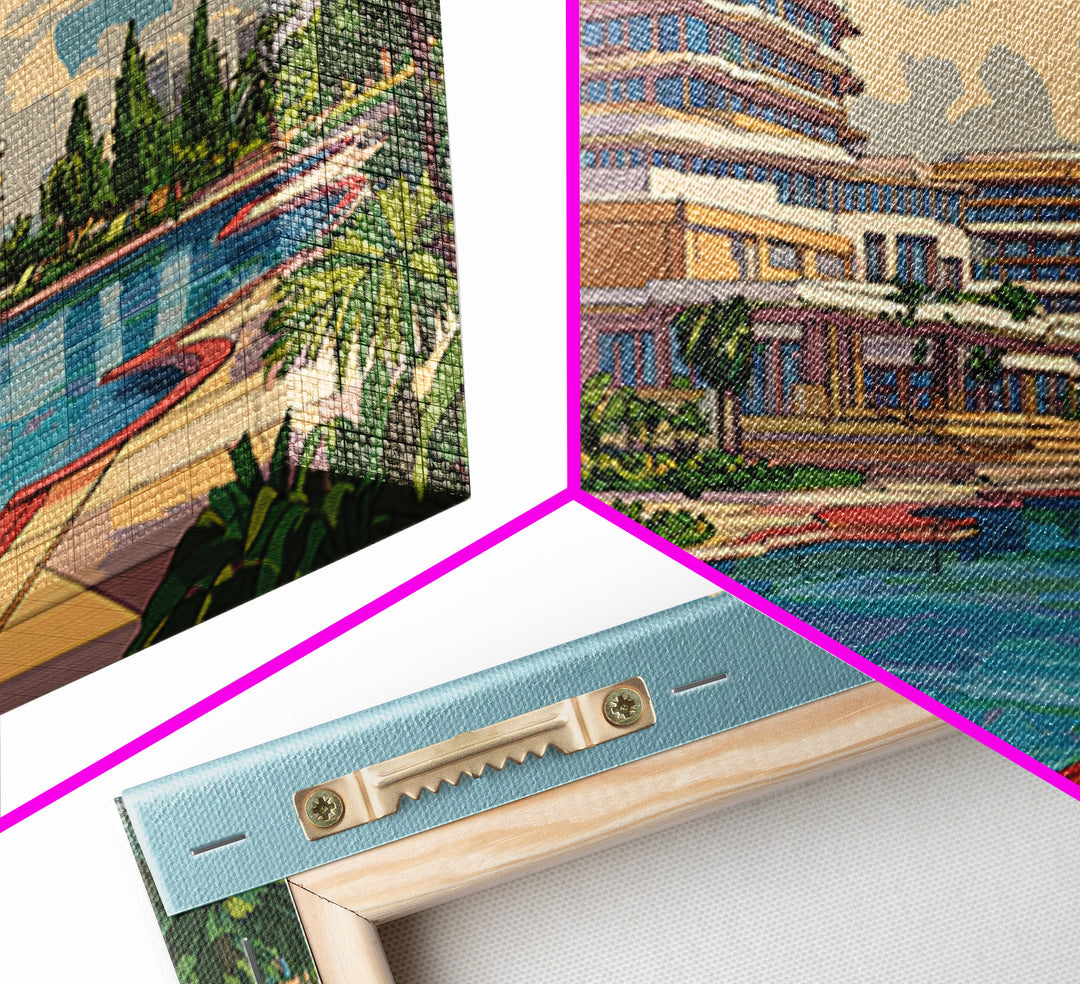 Sunny Resort Pool And Palm Terrace Framed Canvas Print, Mid Century Modern Wall Art, Retro Travel Poster, Office Decor Print