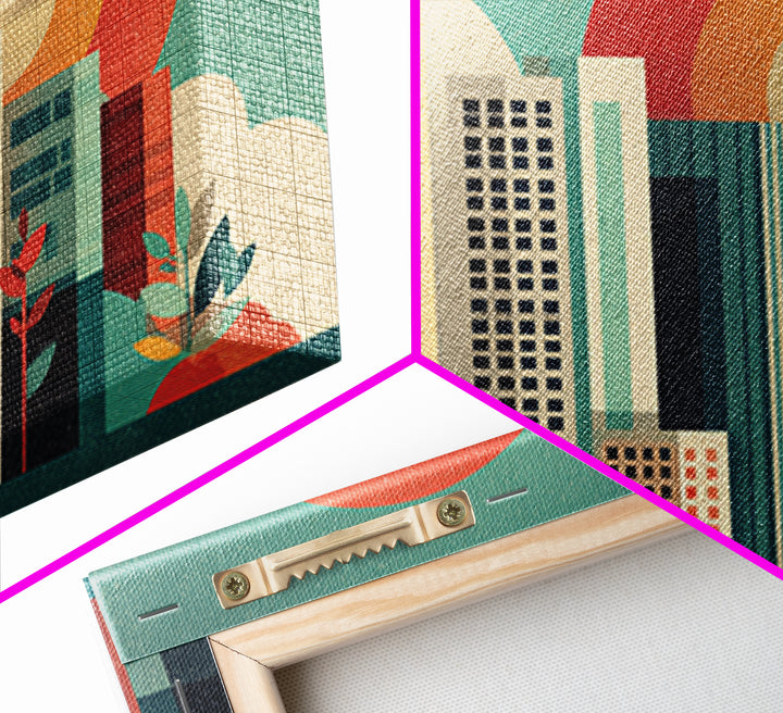 Modern City Skyline With Giant Sun Wall Art, Mid Century Modern Print, Geometric Abstract Poster, Colorful Office Decor Print