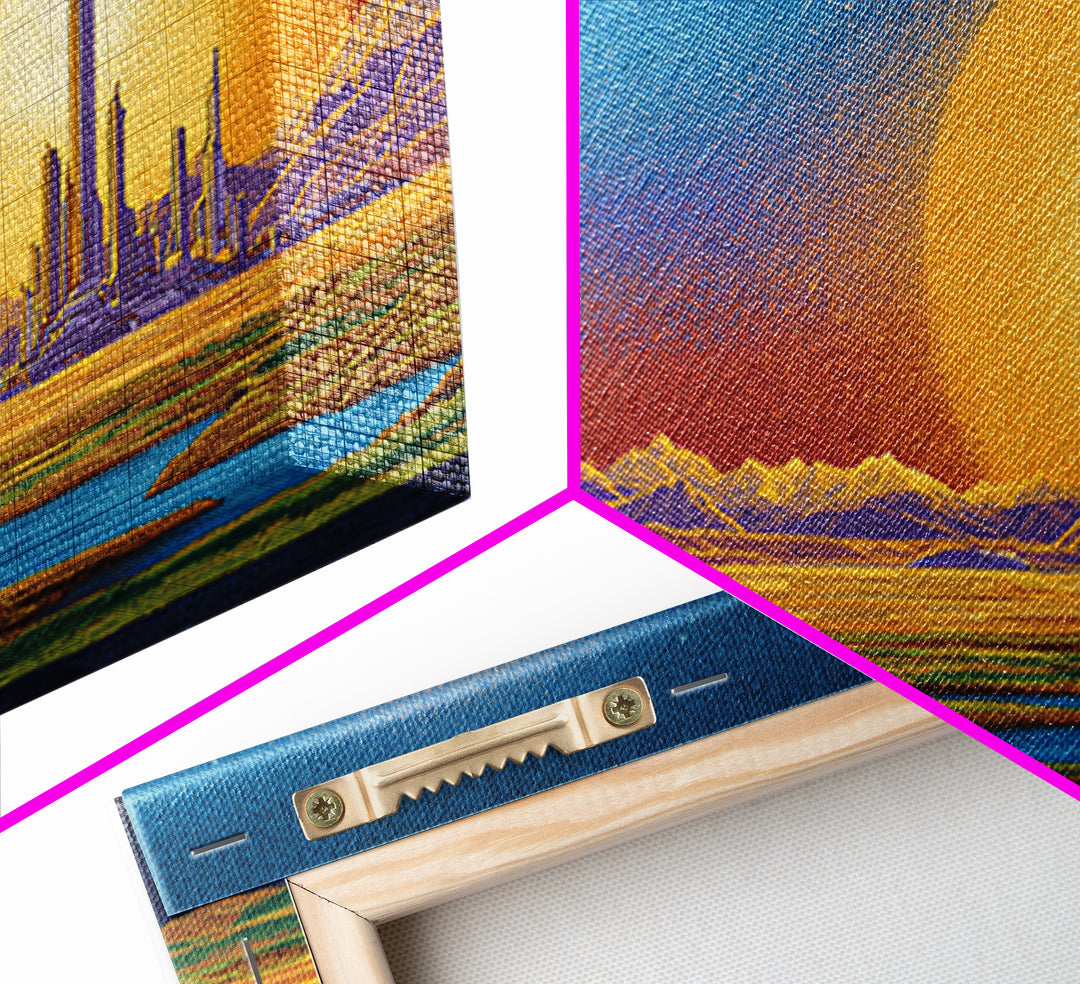 Retro Futuristic Space City With Golden Moon Wall Art, Mid Century Modern Poster, Sci Fi Landscape Print, Man Cave Decor