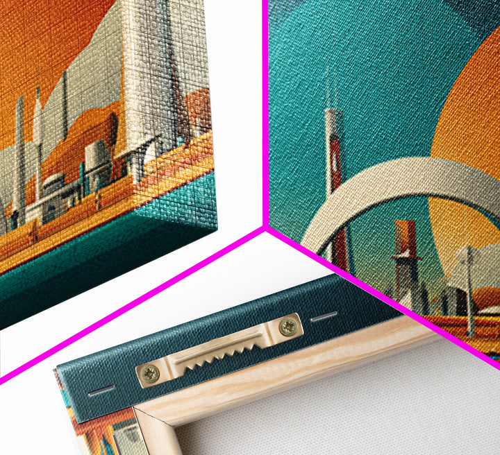 Futurist White Towers And Arched City Canvas Print, Mid Century Modern Wall Art, Retro Sci Fi Poster, Large Wall Decor Print