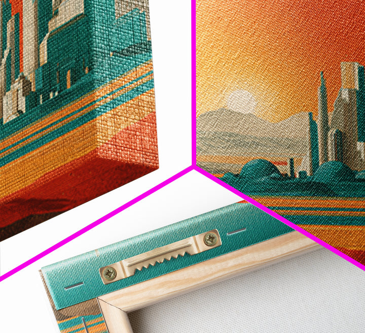 Desert Metropolis With Giant Orange Sun Framed Canvas Print, Mid Century Modern Wall Art, Retro Futuristic Poster, Office Decor