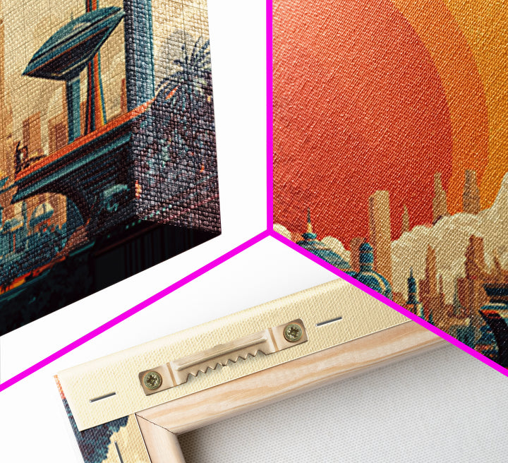 Futuristic Planet Skyline With Domed City Wall Art, Mid Century Modern Poster, Retro Sci Fi Print, Colorful Home Decor Print