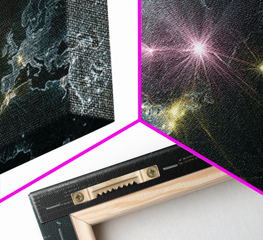Glowing World Map Network Lights Wall Art, Modern Digital Data Artwork, Global Travel Decor, Sci Fi Space Framed Canvas Print