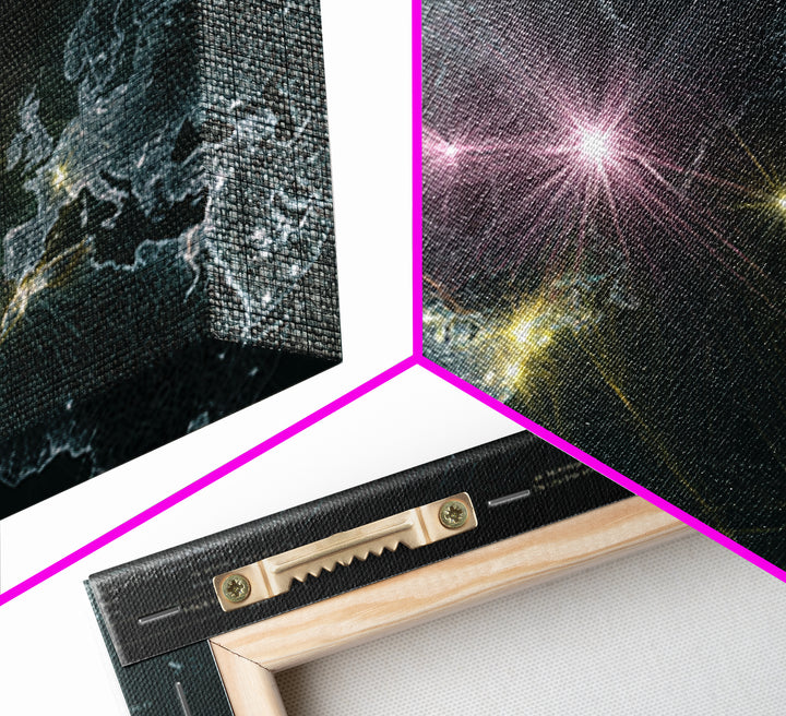 Glowing World Map Network Lights Wall Art, Modern Digital Data Artwork, Global Travel Decor, Sci Fi Space Framed Canvas Print