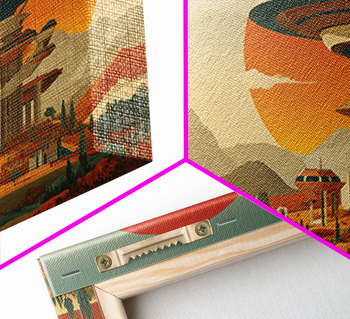 Retro Space Age Saucer Tower In Desert Framed Canvas Print, Mid Century Modern Wall Art, Sci Fi Poster, Statement Decor Print