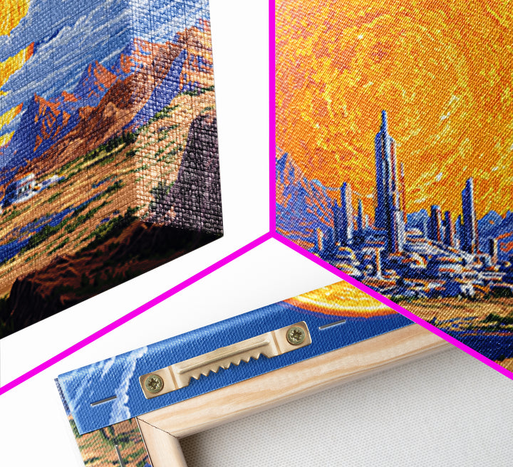 Futuristic Desert City With Giant Orange Sun Wall Art, Retro Sci Fi Poster, Midcentury Modern Art, MCM Space Decor, Living Room Decor