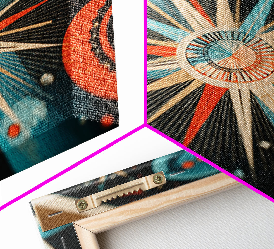 Teal Orange Atomic Starburst Framed Canvas Print, Midcentury Modern Wall Art, Retro Art Print, Space Age MCM Home Decor Poster