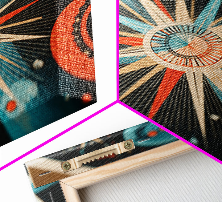 Teal Orange Atomic Starburst Framed Canvas Print, Midcentury Modern Wall Art, Retro Art Print, Space Age MCM Home Decor Poster