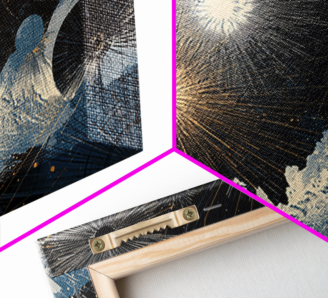 Night Sky Fireworks Over Ocean Waves Canvas Print, Celestial Wall Art, Modern Abstract Art, Blue Gold Living Room Decor Poster