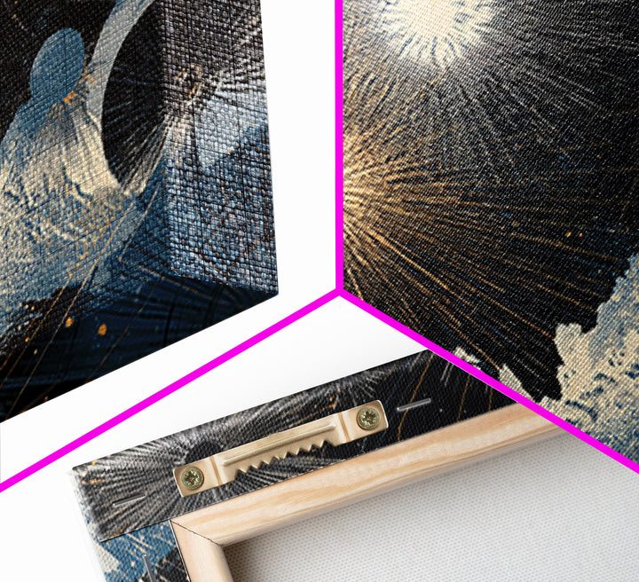 Night Sky Fireworks Over Ocean Waves Canvas Print, Celestial Wall Art, Modern Abstract Art, Blue Gold Living Room Decor Poster