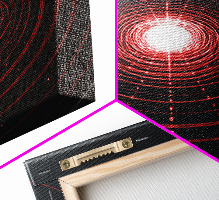 Glowing Red Orbit Disk Wall Art, Sci Fi Abstract Canvas Print, Futuristic Midcentury Modern Poster, Black Office Decor Print
