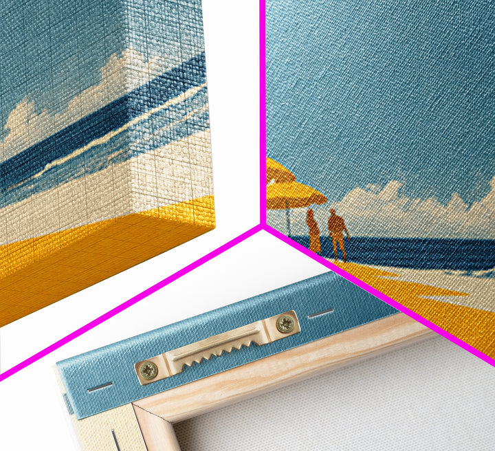 Yellow Beach Umbrellas And Blue Sea Wall Art, Retro Travel Canvas Print, Coastal Summer Poster, Bright Living Room Decor