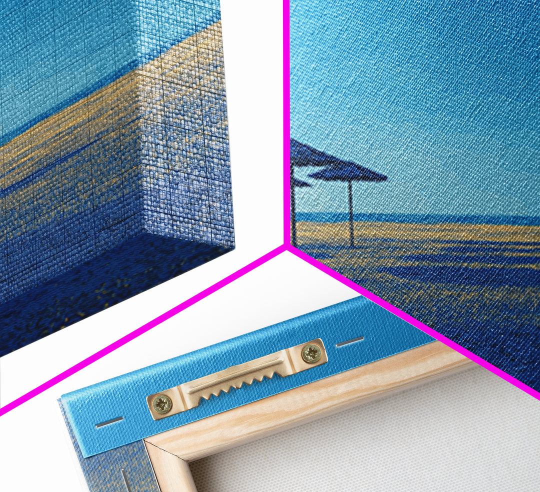 Blue Shoreline Umbrellas Wall Art, Minimal Coastal Canvas Print, Midcentury Modern Travel Poster, Calm Beach House Decor