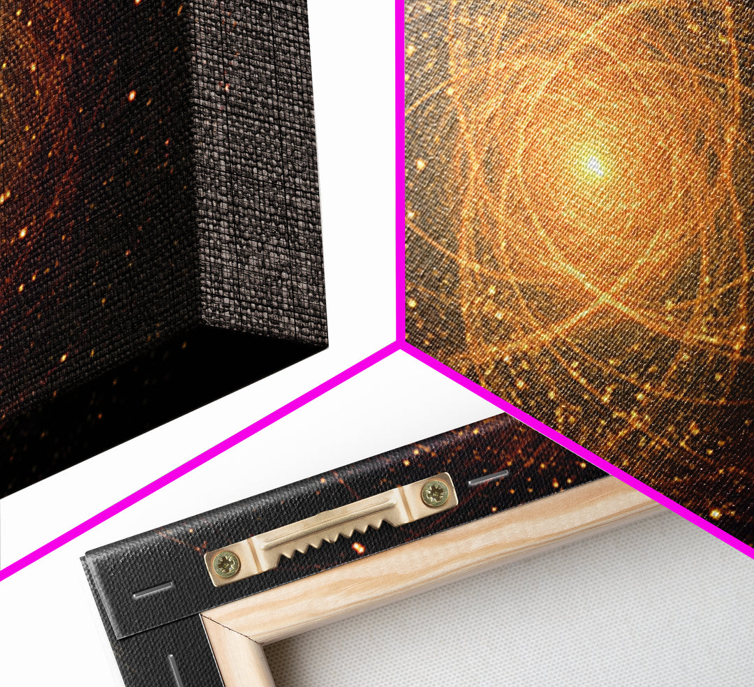 Golden Atomic Particle Orb Wall Art, Modern Abstract Art Print, Space Abstract Art, Midcentury Decor, Framed Canvas Print