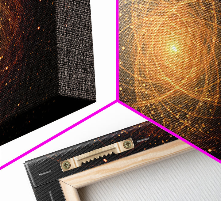 Golden Atomic Particle Orb Wall Art, Modern Abstract Art Print, Space Abstract Art, Midcentury Decor, Framed Canvas Print