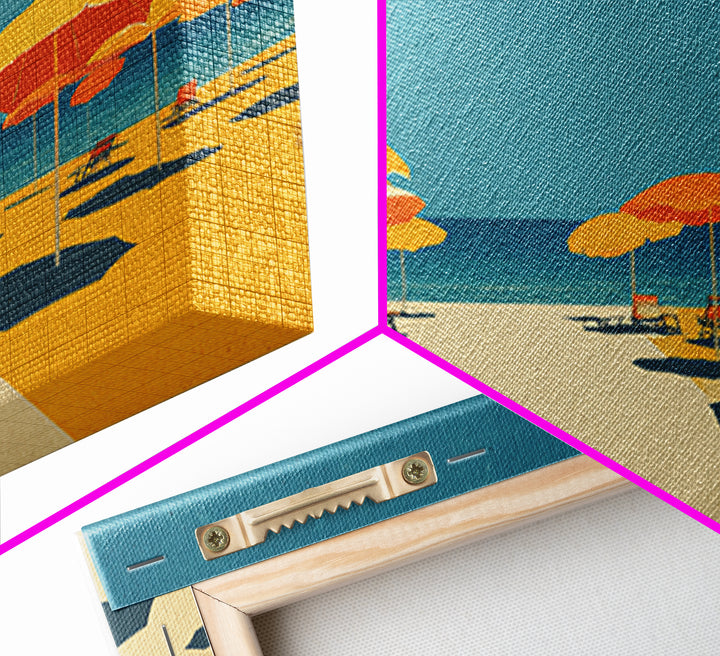 Sunny Yellow Beach Umbrellas Wall Art, Retro Coastal Canvas, Midcentury Modern Decor, Ocean Summer Print For Living Room