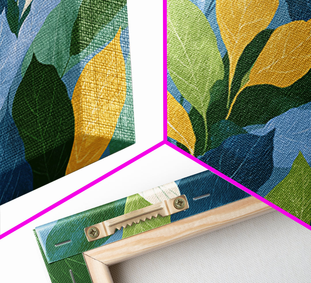 Layered Blue Green And Gold Leaves Wall Art, Botanical Midcentury Modern Art Print, Nature Decor For Bedroom Living Room