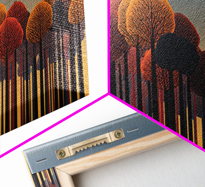 Autumn Orange Red Treeline Wall Art, Bold Midcentury Modern Canvas Print, Retro Forest Decor For Living Room Home Office