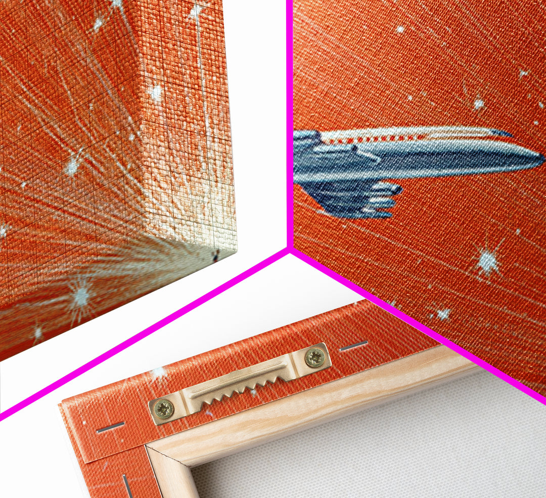 Orange Starburst Jet Canvas Print, Midcentury Modern Wall Art, Retro Aviation Poster, Bold Atomic Travel Decor Gift For Him
