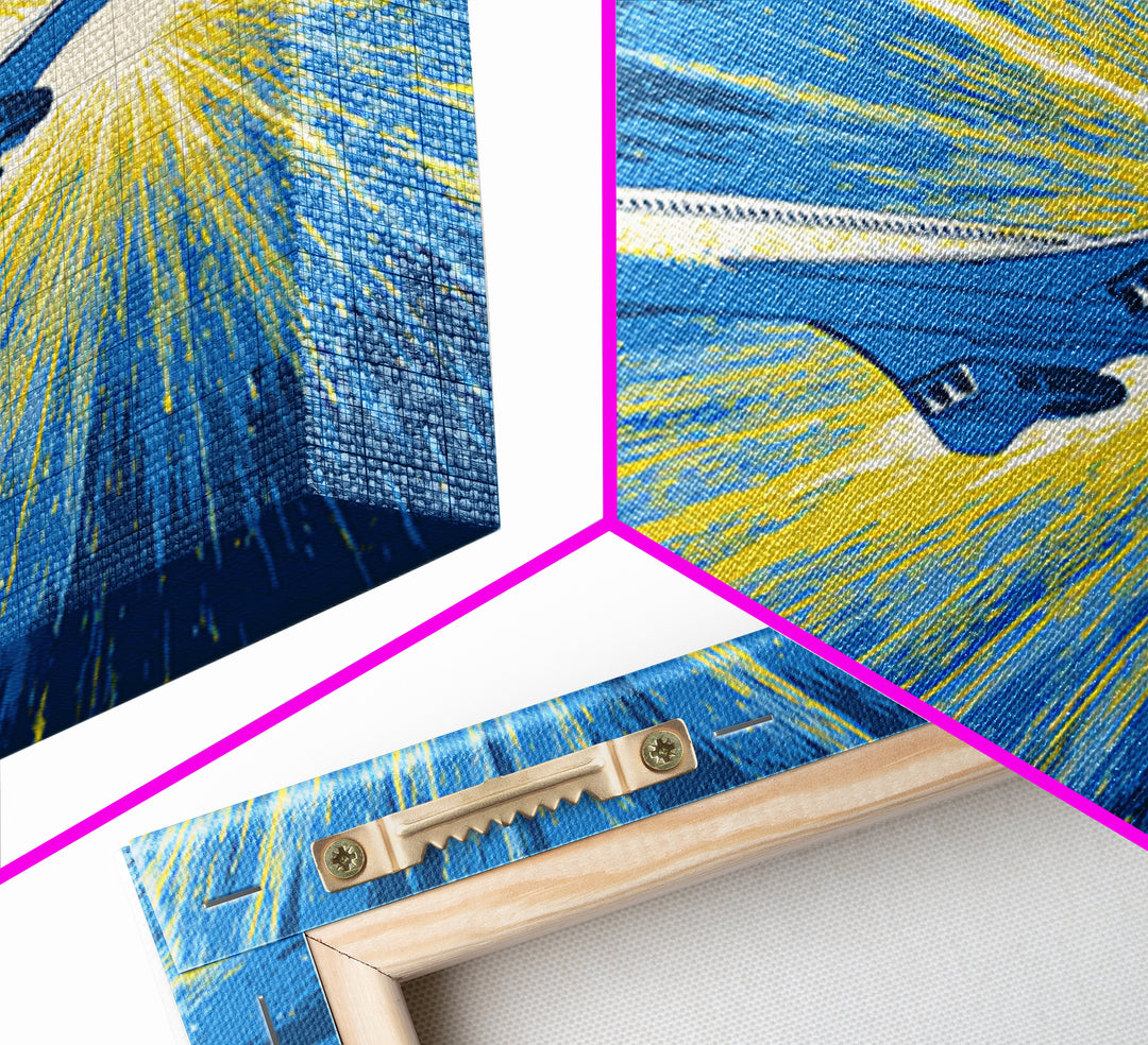 Supersonic Jet Burst Framed Canvas Print, Midcentury Modern Wall Art, Retro Sci Fi Poster, Blue Yellow Aviation Home Decor