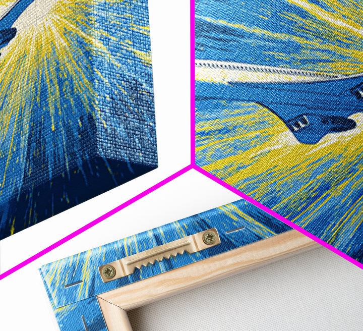 Supersonic Jet Burst Framed Canvas Print, Midcentury Modern Wall Art, Retro Sci Fi Poster, Blue Yellow Aviation Home Decor