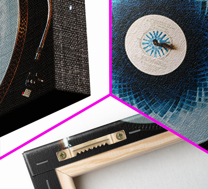 Blue Spirograph Vinyl Record Framed Canvas Print, Modern Music Wall Decor, Turntable Photography, Geometric MCM Art Print