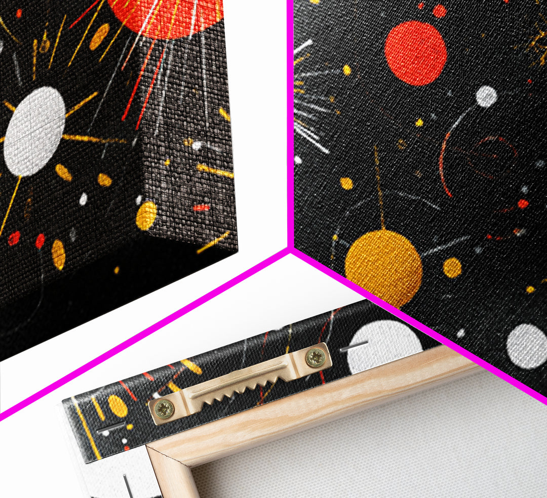 Atomic Black Cosmic Orbits With Red And Gold Suns Wall Art, Mid Century Modern Space Abstract Print, Retro MCM Wall Decor