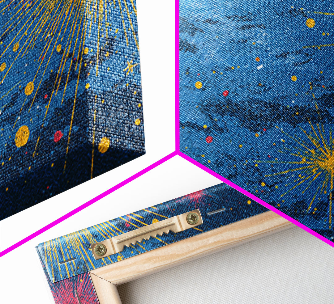 Blue Nebula Sky With Yellow Pink Starbursts Canvas Print, Mid Century Modern Space Abstract Art, Retro Colorful Wall Decor