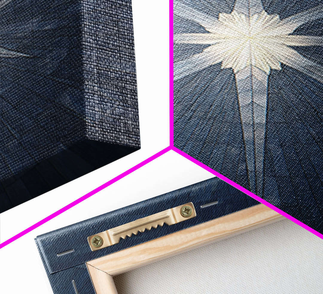 Glowing Star On Blue Geometric Tiles Canvas Print, Modern Wall Art, Abstract Architectural Decor, Minimalist MCM Poster Print