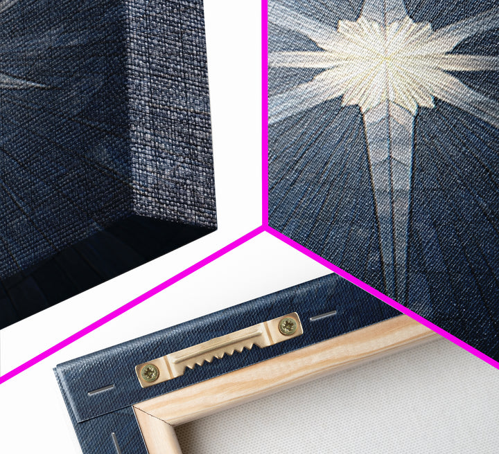 Glowing Star On Blue Geometric Tiles Canvas Print, Modern Wall Art, Abstract Architectural Decor, Minimalist MCM Poster Print