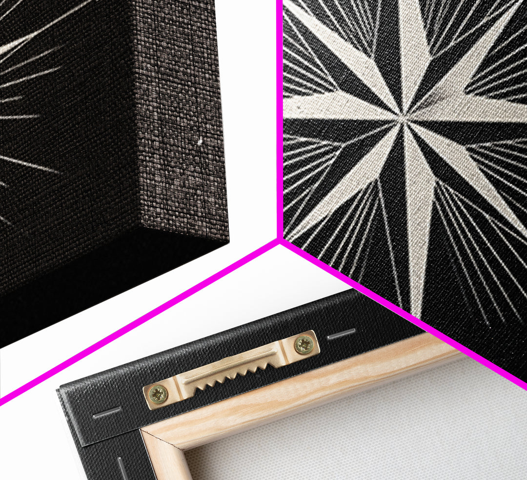 White Compass Star On Black Speckled Sky Wall Art, Mid Century Modern Abstract Print, Minimalist Retro Geometric Wall Decor