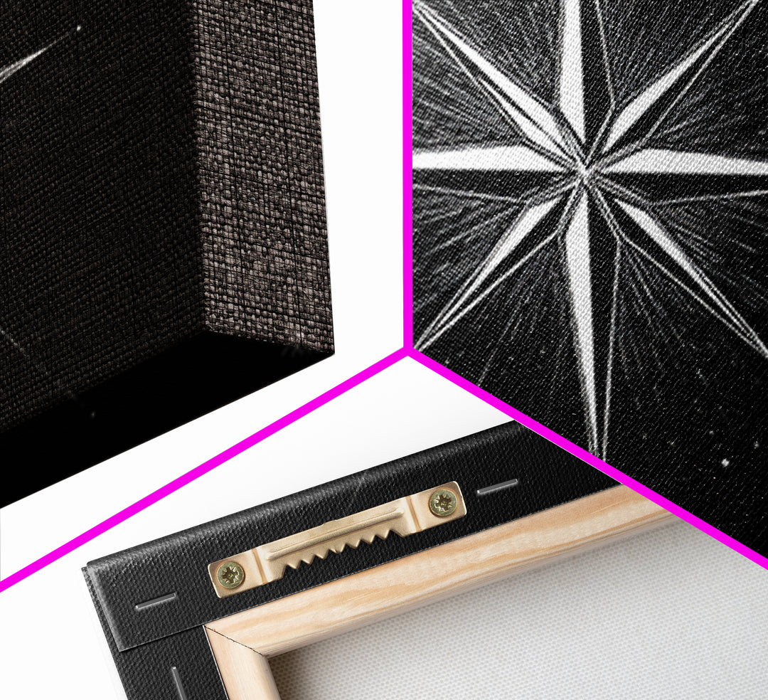 Sharp White Starburst On Deep Black Canvas Print, Minimalist Geometric Wall Art, Modern Abstract Poster, Retro MCM Decor